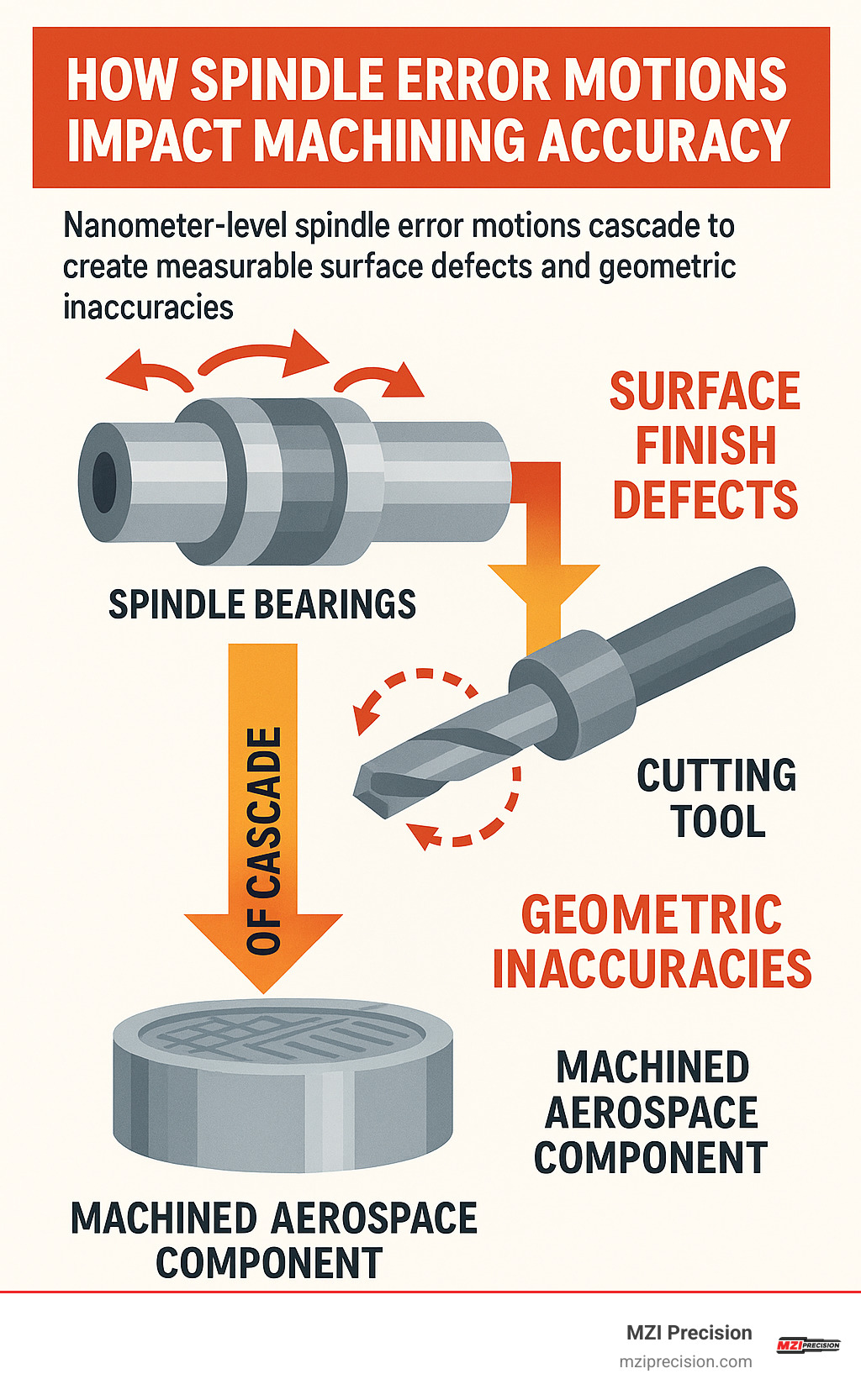 DETAILED INFOGRAPHIC SHOWING HOW NANOMETER-LEVEL SPINDLE ERROR MOTIONS IN THE SPINDLE BEARINGS CASCADE THROUGH THE CUTTING TOOL TO CREATE MEASURABLE SURFACE FINISH DEFECTS AND GEOMETRIC INACCURACIES ON A MACHINED AEROSPACE COMPONENT - PRECISION SPINDLE METROLOGY PDF INFOGRAPHIC 