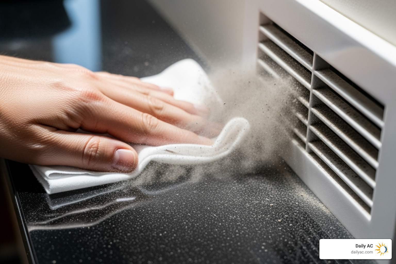 hand wiping excessive dust from a surface near an air vent - Hvac air duct leaks
