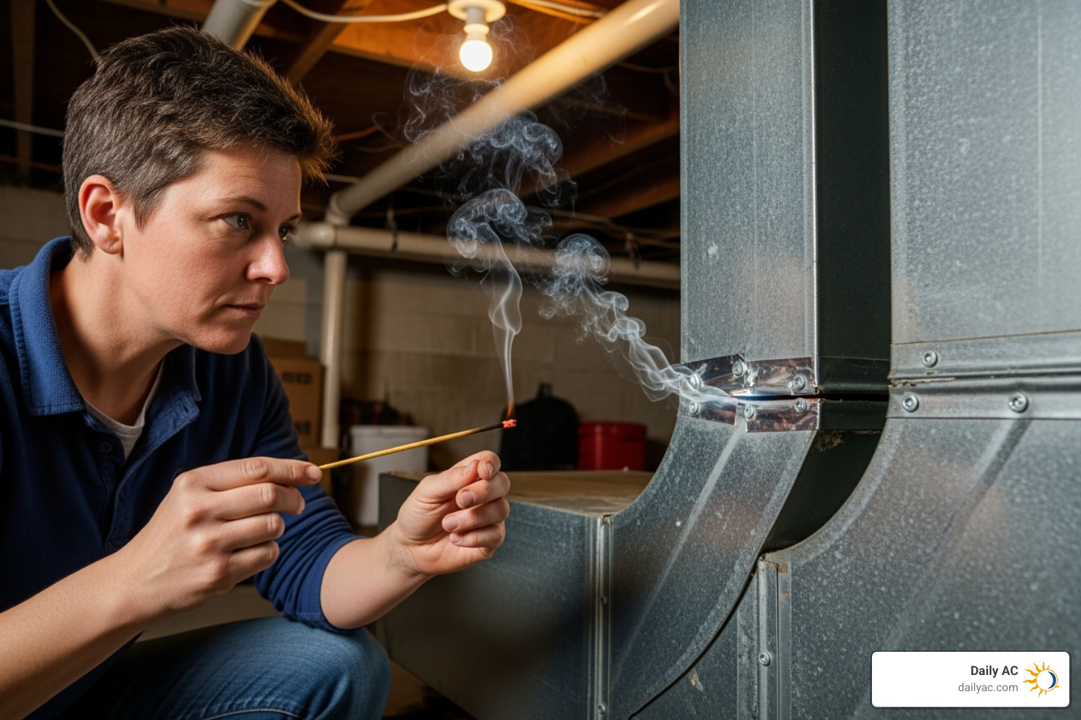 homeowner holding an incense stick near a duct joint to check for leaks - Hvac air duct leaks