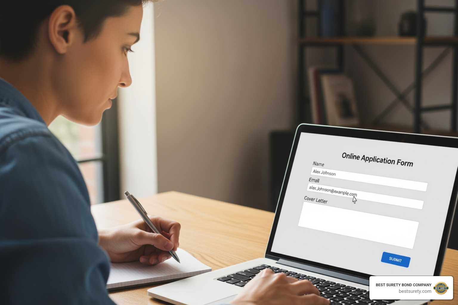 Image of a person filling out an online application on a laptop, showing a simplified user interface - best surety bond companies