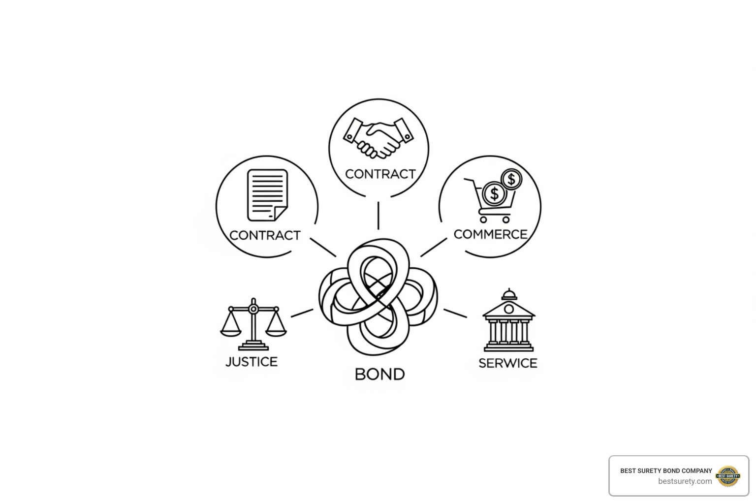 Flowchart showing the main categories of surety bonds: Contract Bonds, Commercial Bonds, Court Bonds, and Public Official Bonds, with examples for each - best surety bond companies
