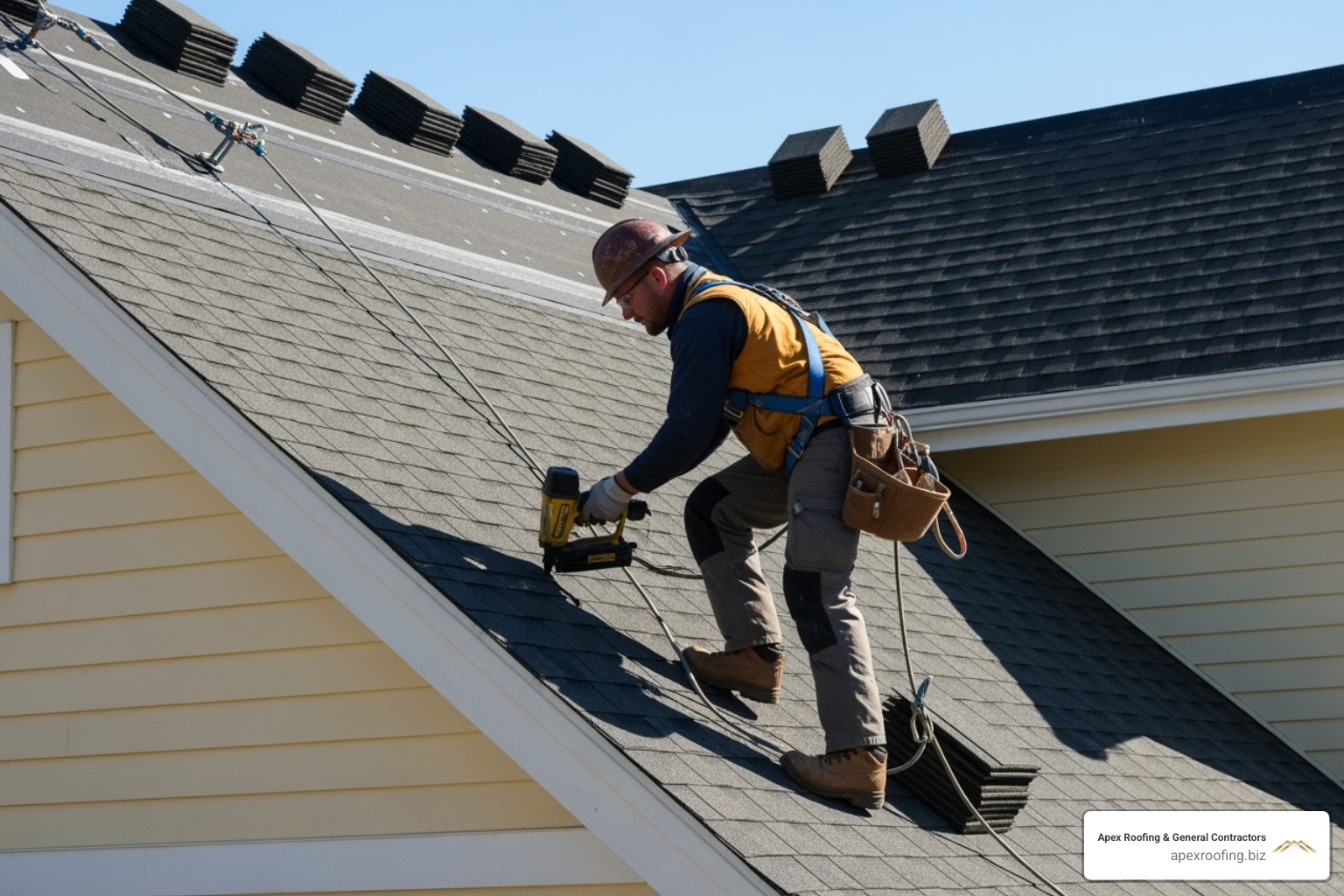 roofer on steep roof - Roof leak repair estimate