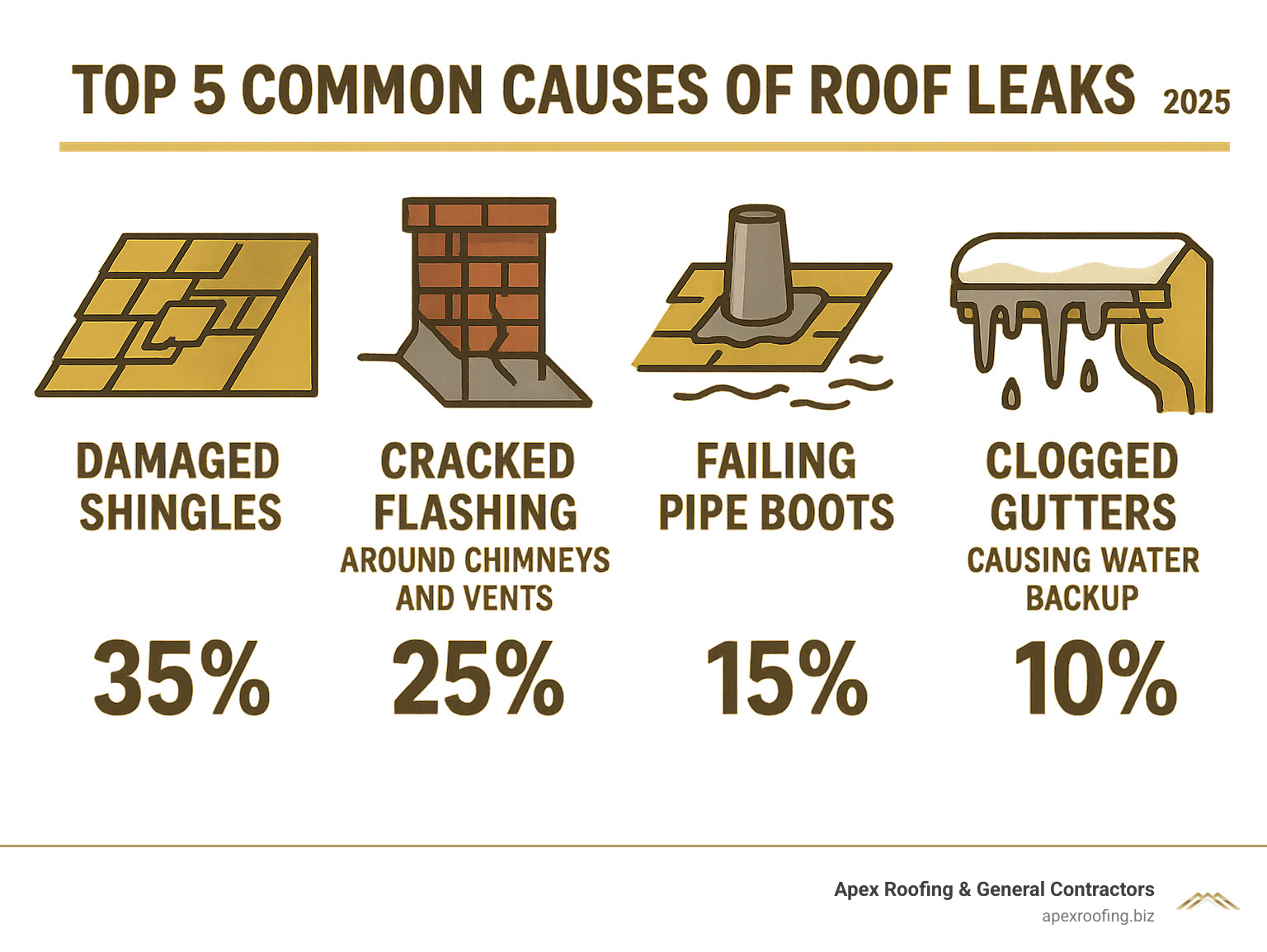 Infographic showing the top 5 common causes of roof leaks: damaged shingles (35%), cracked flashing around chimneys and vents (25%), failing pipe boots (15%), ice dams and poor drainage (15%), and clogged gutters causing water backup (10%) - Roof leak repair estimate infographic 