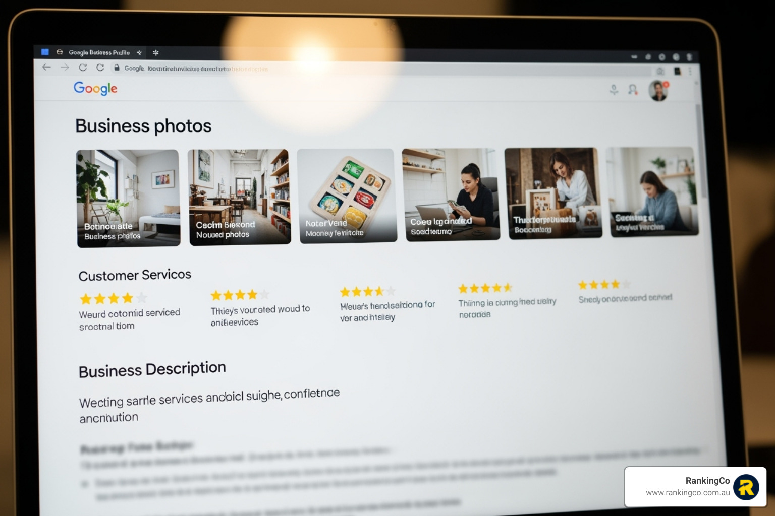 Optimised Google Business Profile showcasing photos, reviews, and business description - local search optimisation