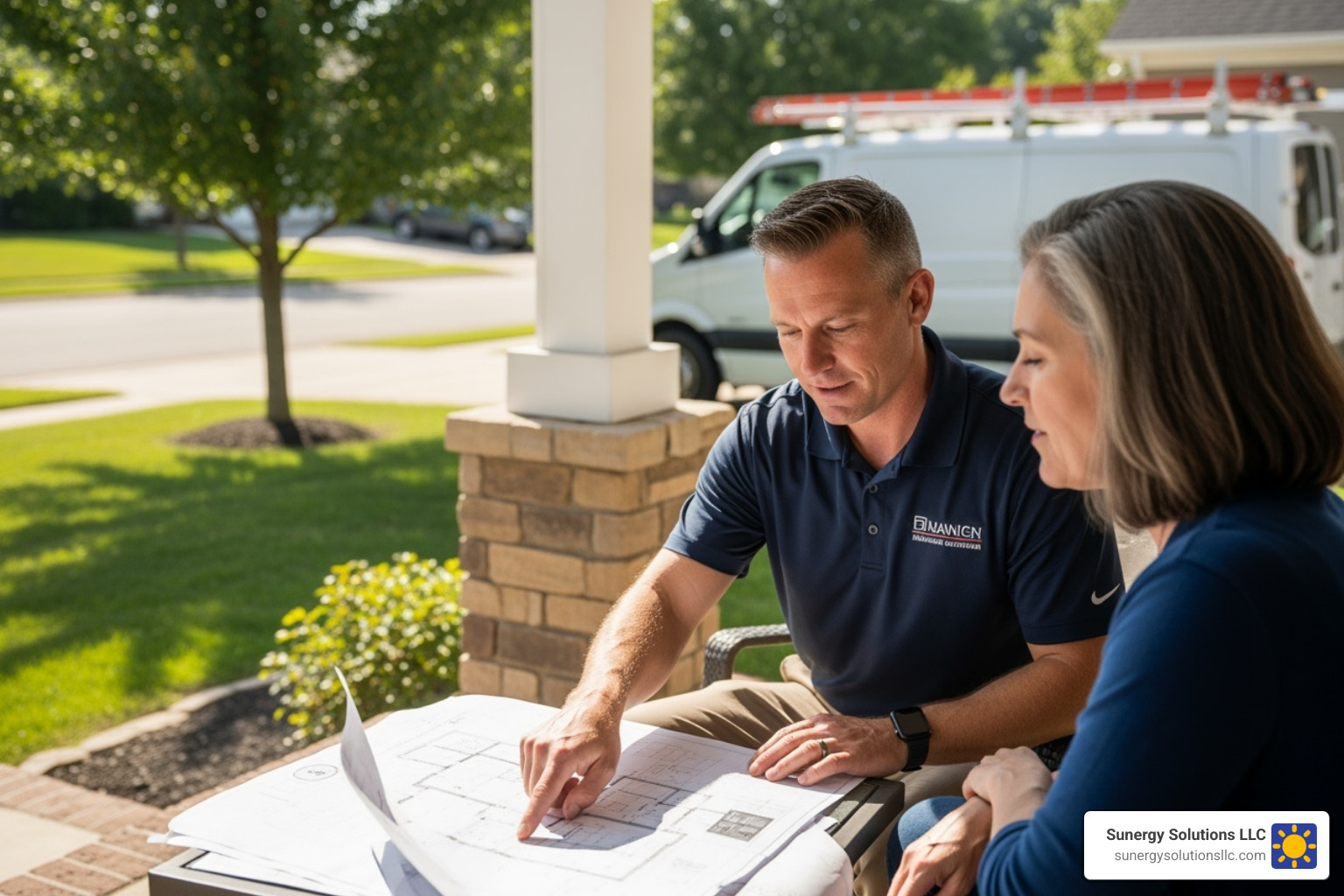 A professional solar installer reviewing plans with a homeowner in a US setting - solar company massachusetts A professional solar installer reviewing plans with a homeowner in a US setting - solar company massachusetts