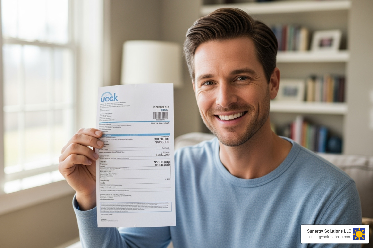 A homeowner smiling while looking at their significantly lower electricity bill - solar company massachusetts A homeowner smiling while looking at their significantly lower electricity bill - solar company massachusetts