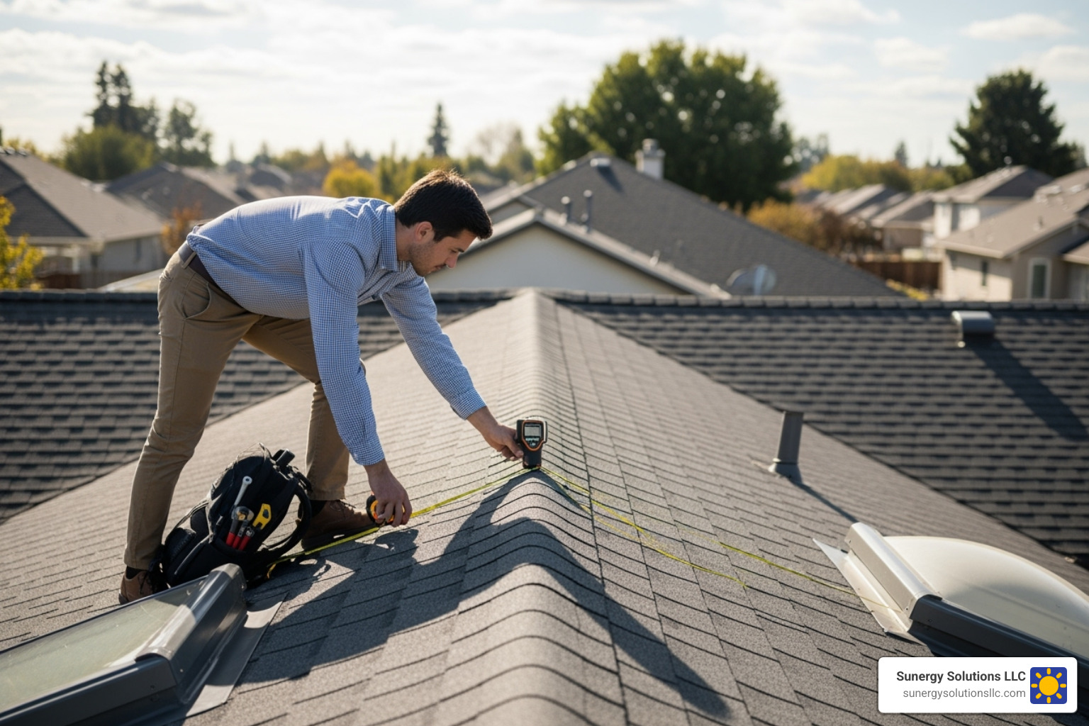 A solar consultant performing a site assessment on a residential roof in the US - solar company massachusetts A solar consultant performing a site assessment on a residential roof in the US - solar company massachusetts