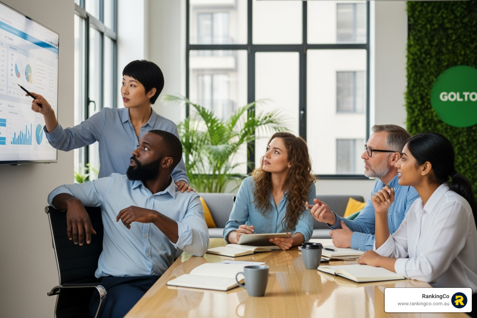diverse group of Brisbane business owners collaborating in a modern office space - AI marketing Brisbane