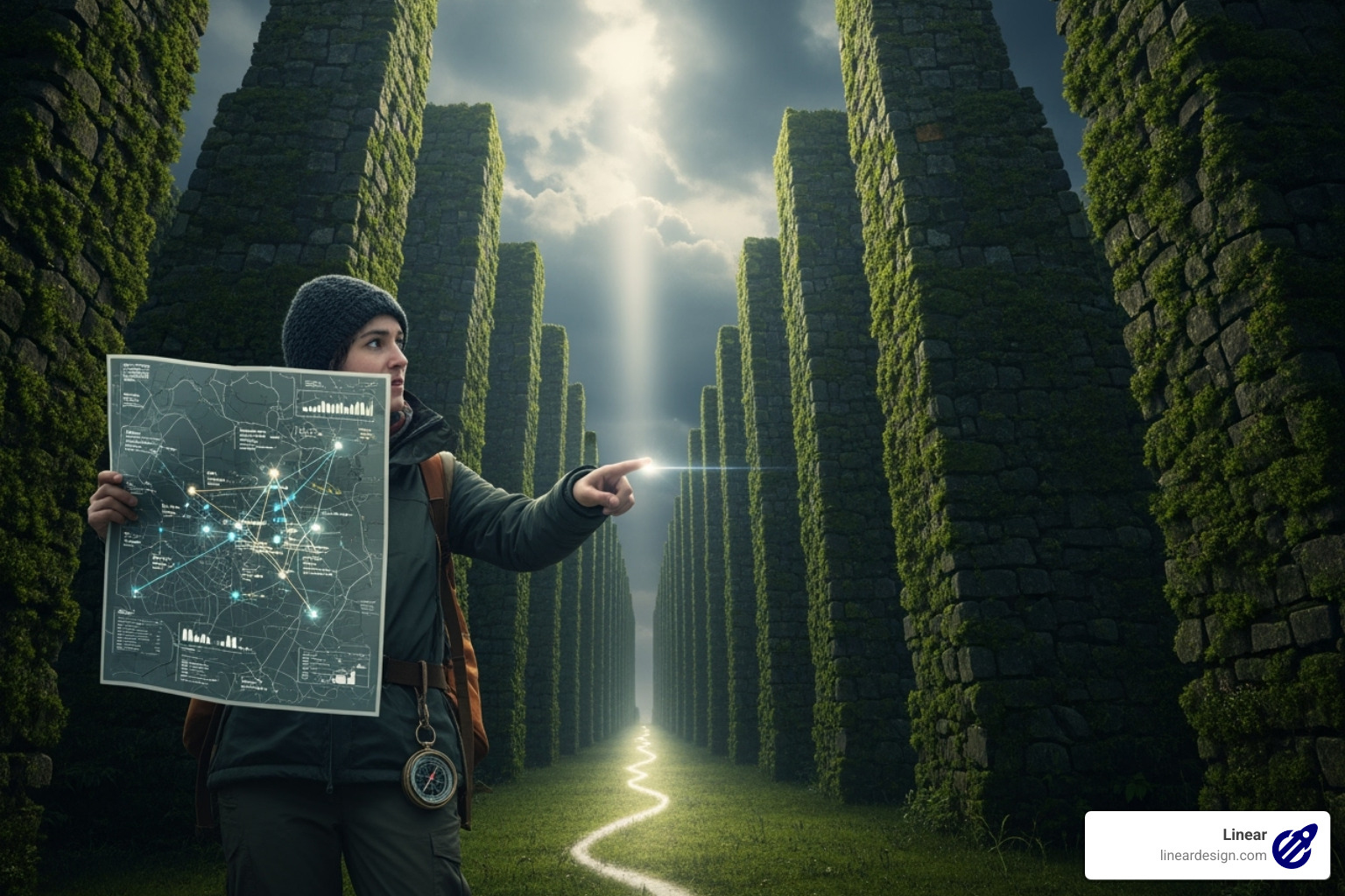 A person navigating a maze, holding a map with data points and insights, symbolizing overcoming challenges - data backed decisions
