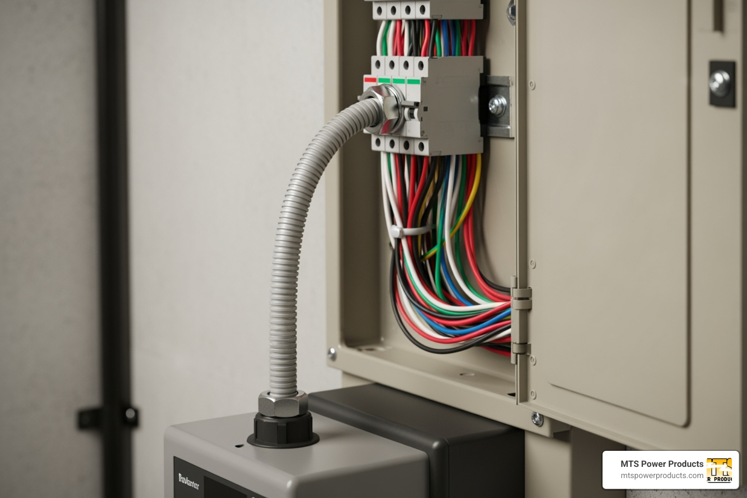 image showing the flexible conduit from the transfer switch entering the main panel - generator transfer switch installation