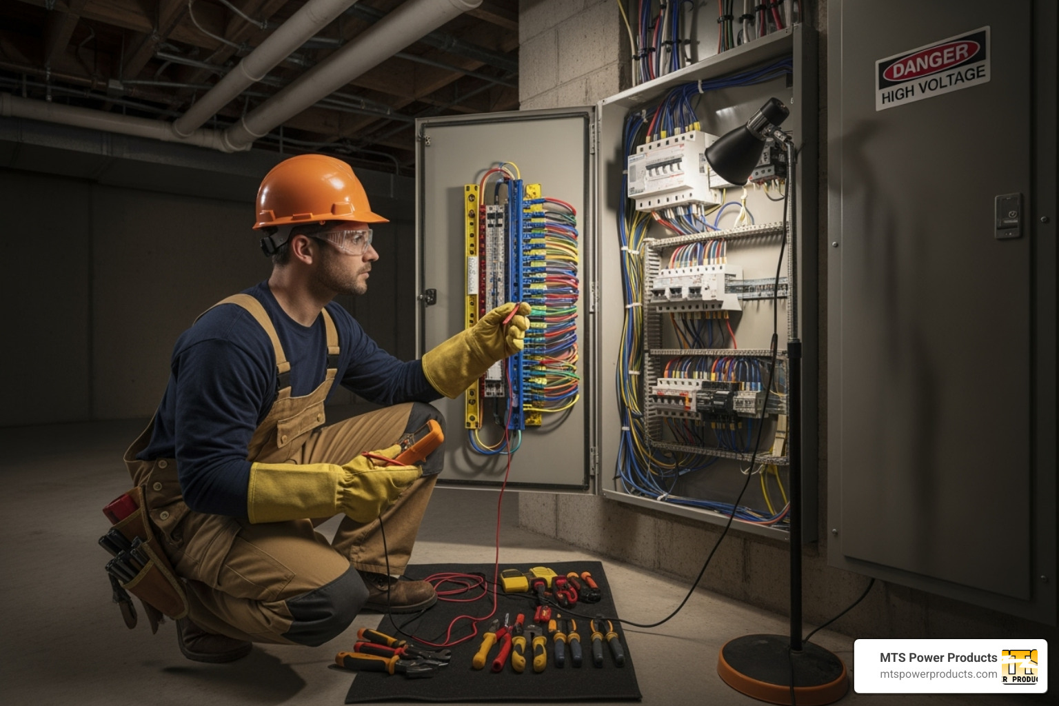 image of a qualified electrician working on a main electrical panel with proper safety gear - generator transfer switch installation