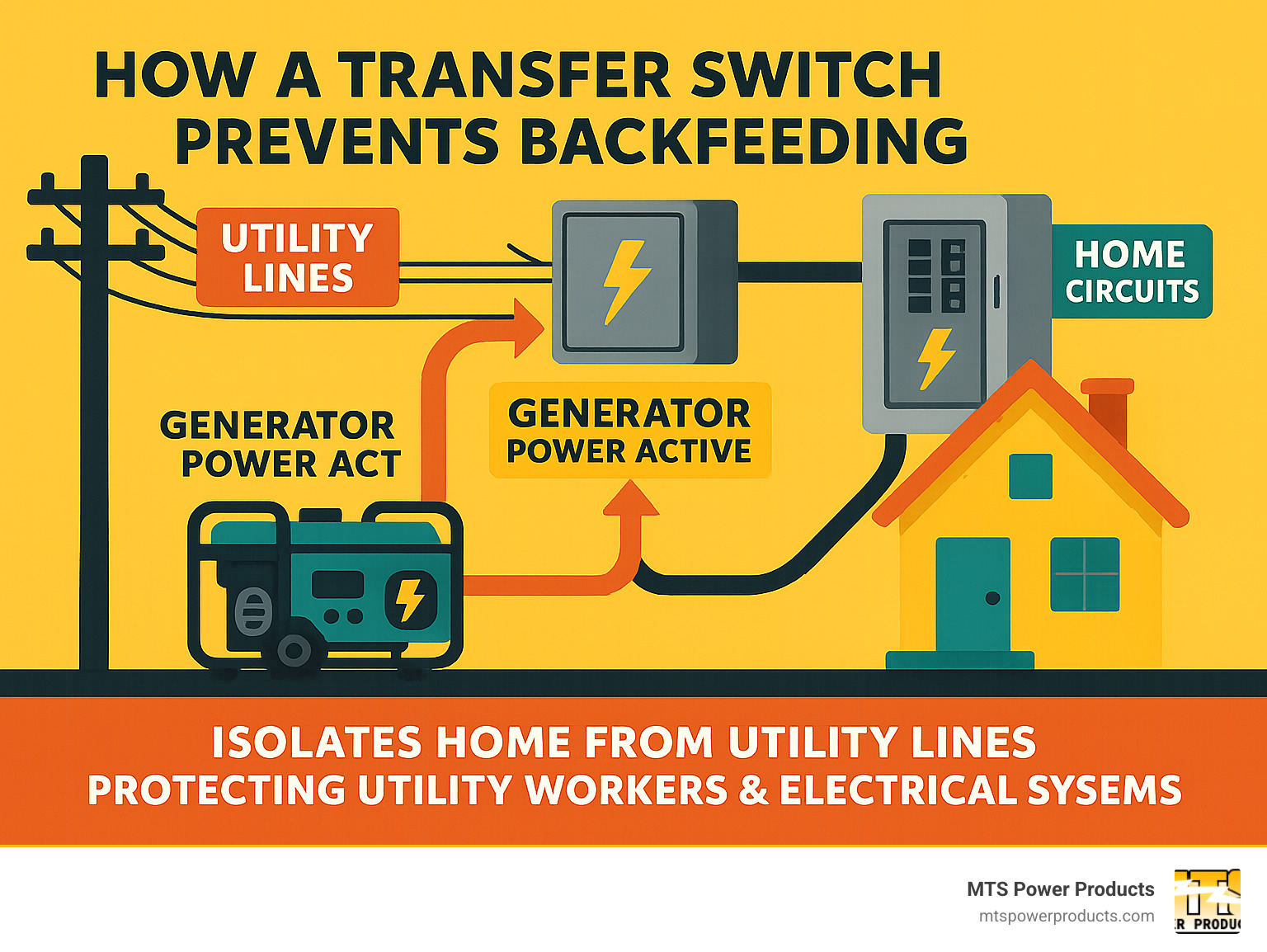 Infographic showing how a transfer switch prevents dangerous electrical backfeeding by isolating home circuits from utility lines when generator power is active, protecting both utility workers and home electrical systems - generator transfer switch installation infographic 