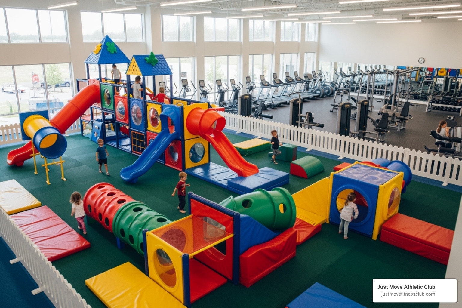 clean modern gym with kids play area - Florida family fitness