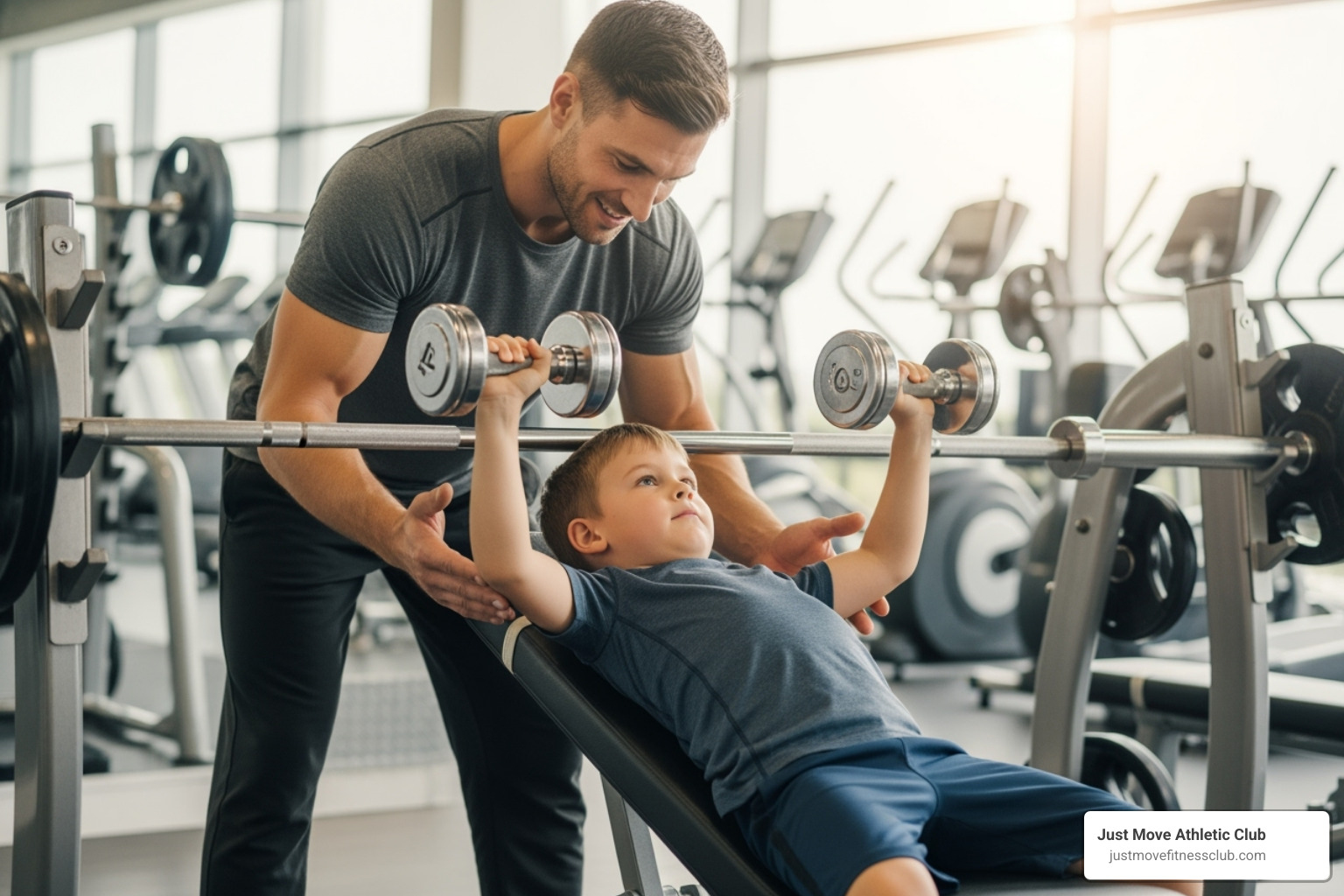 father and son spotting each other - Florida family fitness