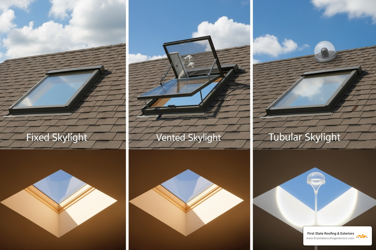 side-by-side comparison of fixed, vented, and tubular skylights, illustrating their distinct designs and functionalities - roof skylight replacement
