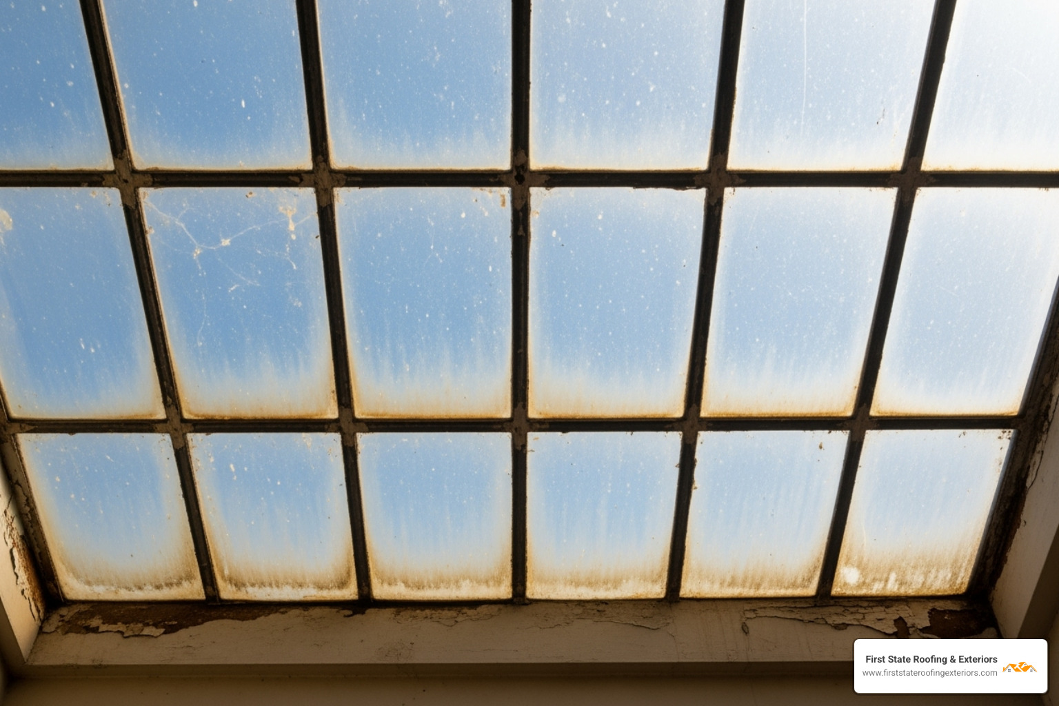 old skylight with visible discoloration and fogging, indicating age and wear - roof skylight replacement