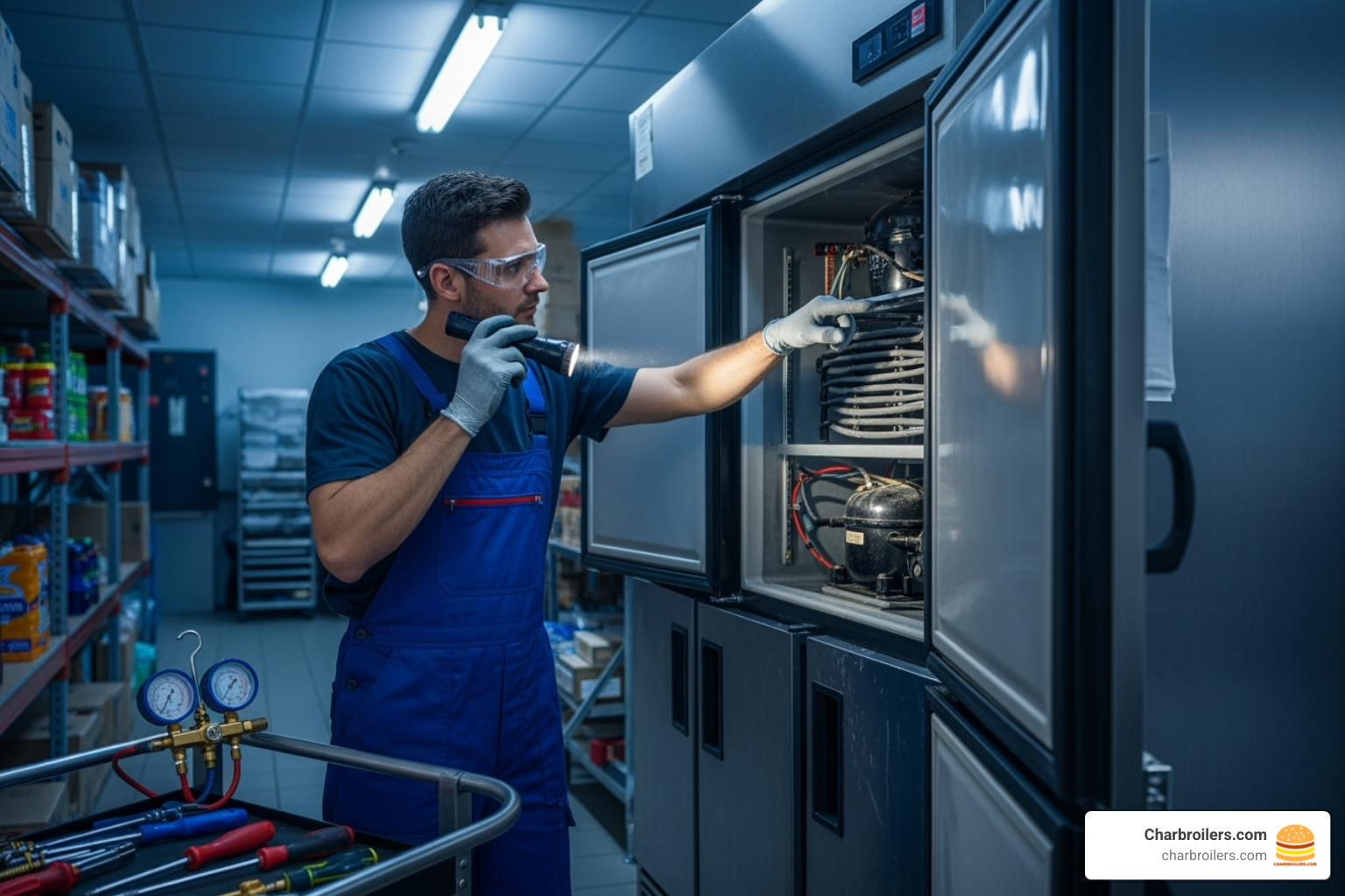a technician inspecting the coils and compressor of a commercial refrigerator - used commercial fridge freezer
