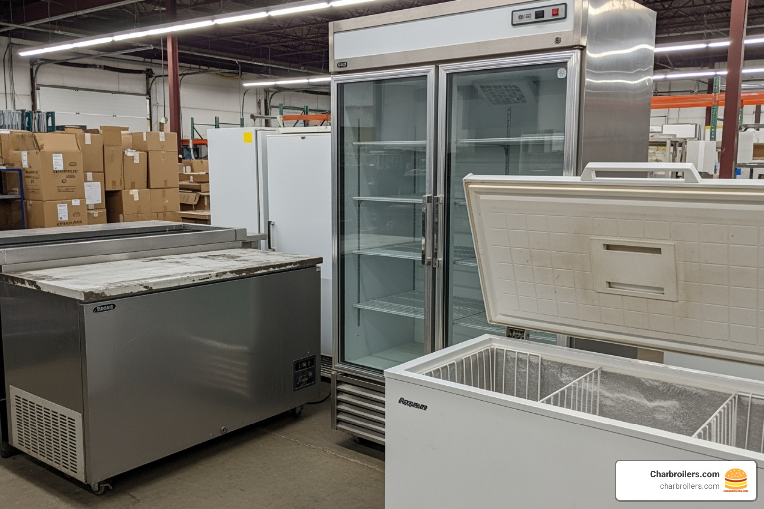 a variety of used commercial refrigeration units, such as a reach-in, undercounter, and chest freezer - used commercial fridge freezer