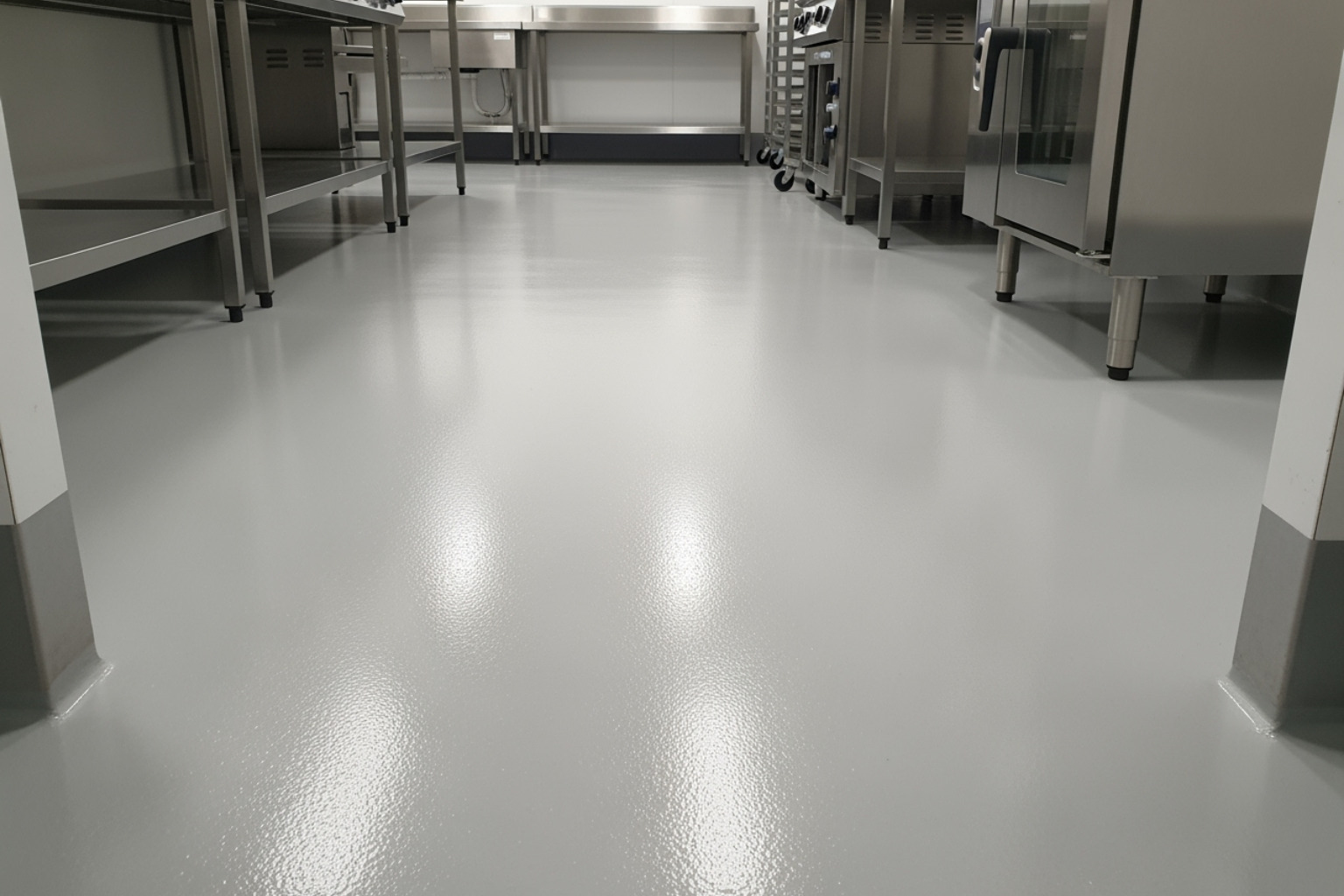 A newly finished commercial kitchen floor by Galaxy Concrete Coatings, seamless and ready for heavy use. - commercial kitchen floor repair