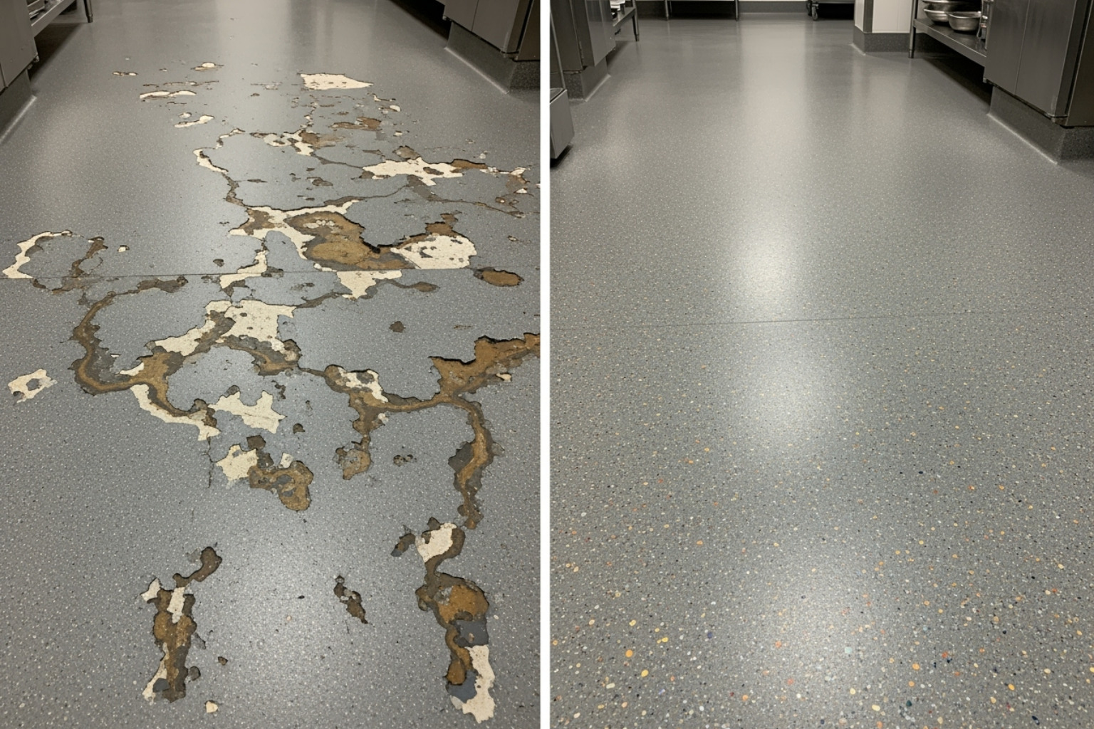 Comparison of a cracked epoxy floor and a seamless polyaspartic floor installed by Galaxy Concrete Coatings. - commercial kitchen floor repair