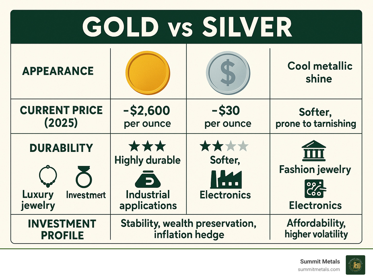 Comprehensive comparison infographic showing gold vs silver across multiple dimensions: appearance (warm yellow tone vs cool metallic shine), current price per ounce (approximately $2,600 vs $30), durability rating (highly durable vs softer, prone to tarnishing), common uses (luxury jewelry, investment, central bank reserves vs fashion jewelry, industrial applications, electronics), and investment profile (stability, wealth preservation, inflation hedge vs affordability, growth potential, higher volatility) - is gold or silver more popular infographic 
