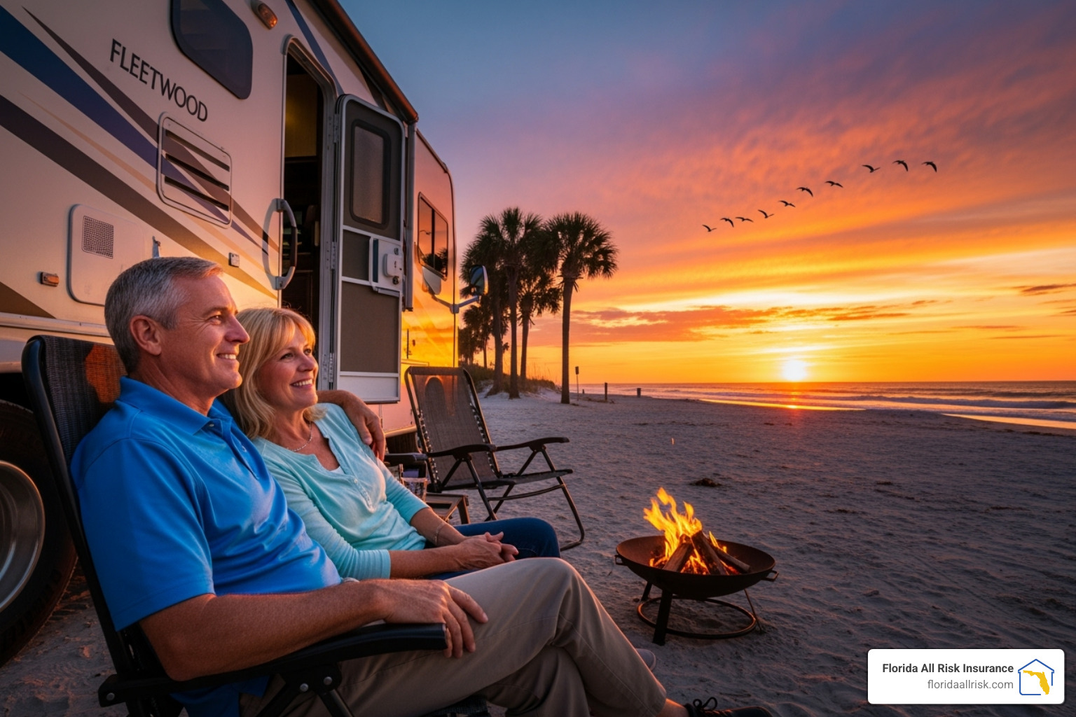 Happy RVers enjoying a sunset in Florida - how much insurance cost for a 28ft rv in florida