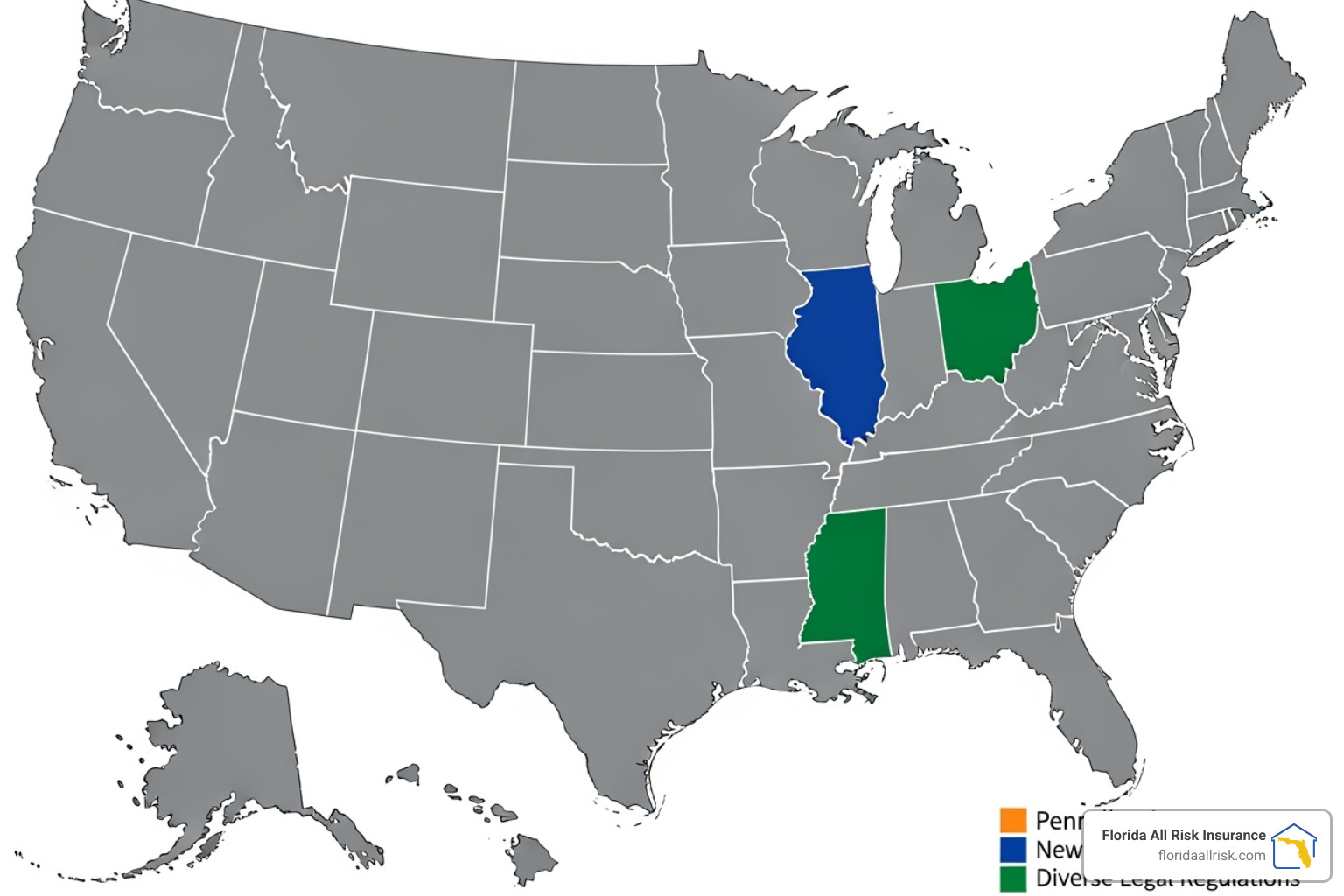 Map of the United States with states like Florida, New York, and Pennsylvania highlighted to represent varying laws. - 1099 workers comp