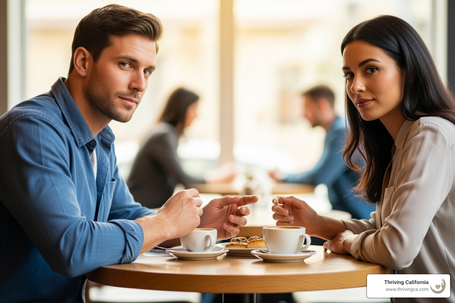 a couple sitting across from each other, talking calmly during a disagreement - relationships communication skills