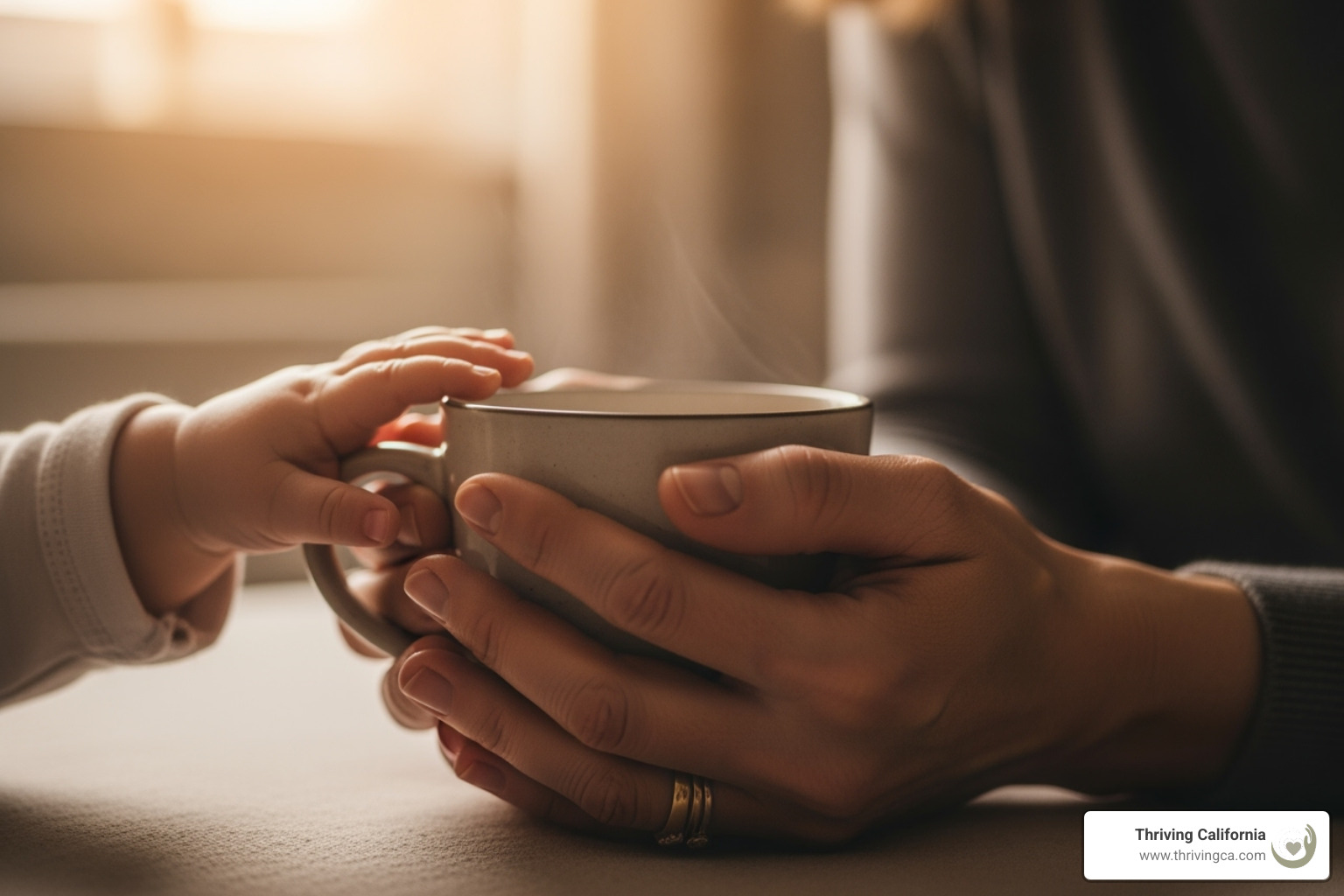 a mother's hands holding a coffee cup, with a baby's hand nearby - counseling for moms