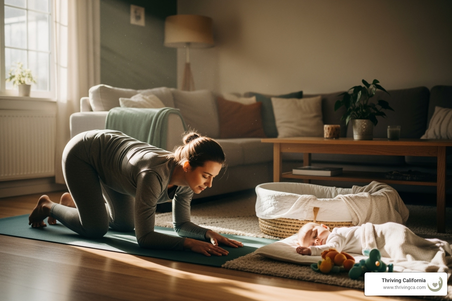 A parent incorporating a simple self-care act into their day, like stretching while a baby naps - self care parenting