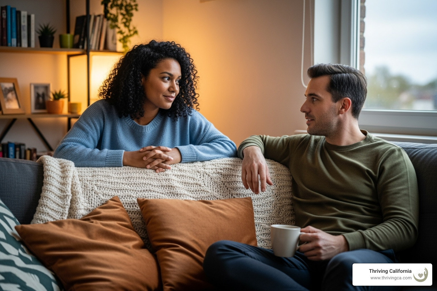 A couple talking calmly on a sofa - parenting conflict resolution