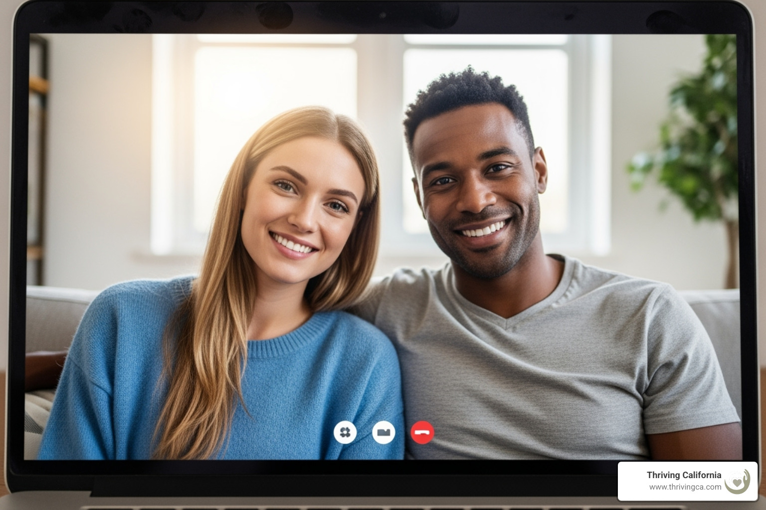 A therapist on a laptop screen shows a couple actively engaged in a telehealth session, smiling and connecting - couples therapy telehealth