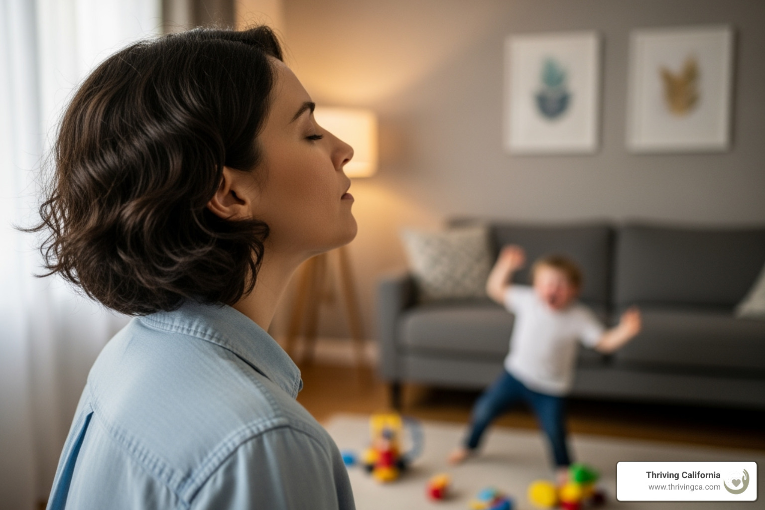 parent taking a deep breath while a toddler has a tantrum in the background - parenting after trauma
