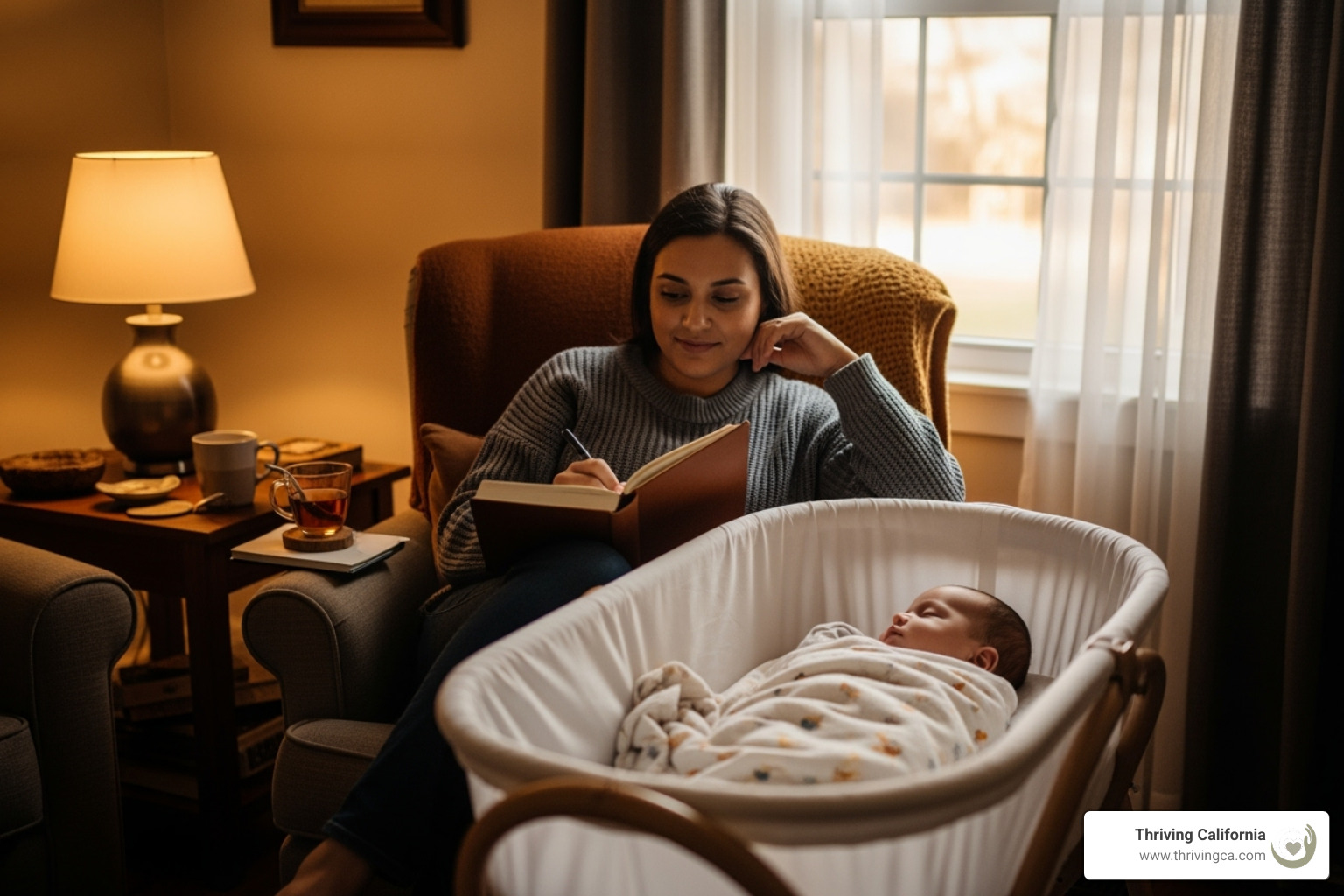 parent journaling peacefully while a baby sleeps nearby - parenting after trauma