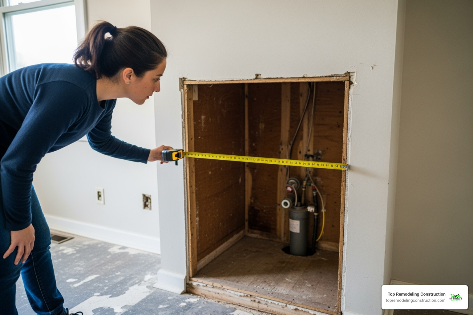 A person measuring an old appliance space before a remodel - kitchen appliance upgrades A person measuring an old appliance space before a remodel - kitchen appliance upgrades