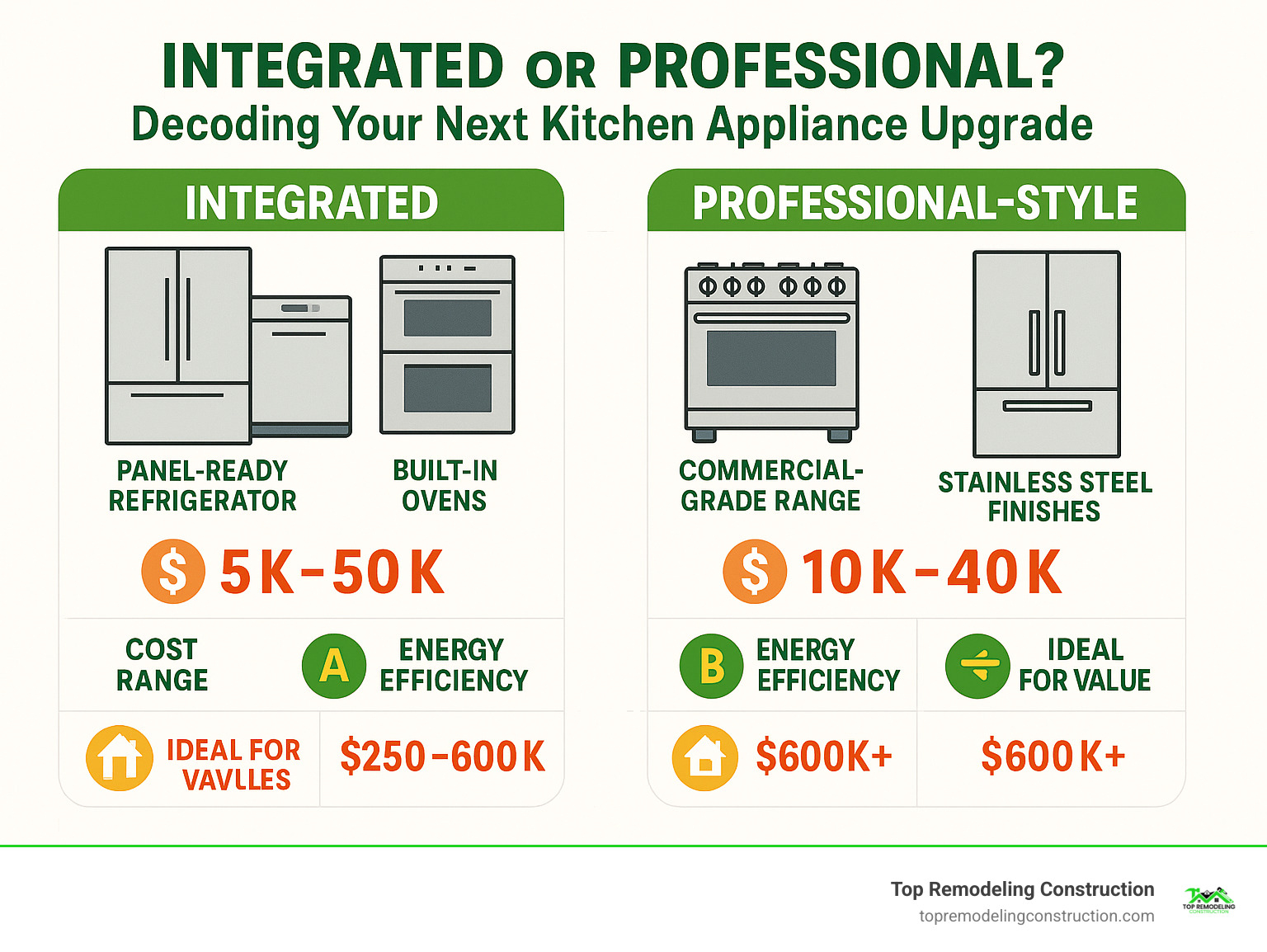 Infographic showing the comparison between integrated appliances (panel-ready refrigerator, built-in ovens, hidden dishwashers) versus professional-style appliances (commercial-grade ranges, stainless steel finishes, bold hardware) with cost ranges, energy efficiency ratings, and ideal home value ranges for each style - kitchen appliance upgrades infographic Infographic showing the comparison between integrated appliances (panel-ready refrigerator, built-in ovens, hidden dishwashers) versus professional-style appliances (commercial-grade ranges, stainless steel finishes, bold hardware) with cost ranges, energy efficiency ratings, and ideal home value ranges for each style - kitchen appliance upgrades infographic