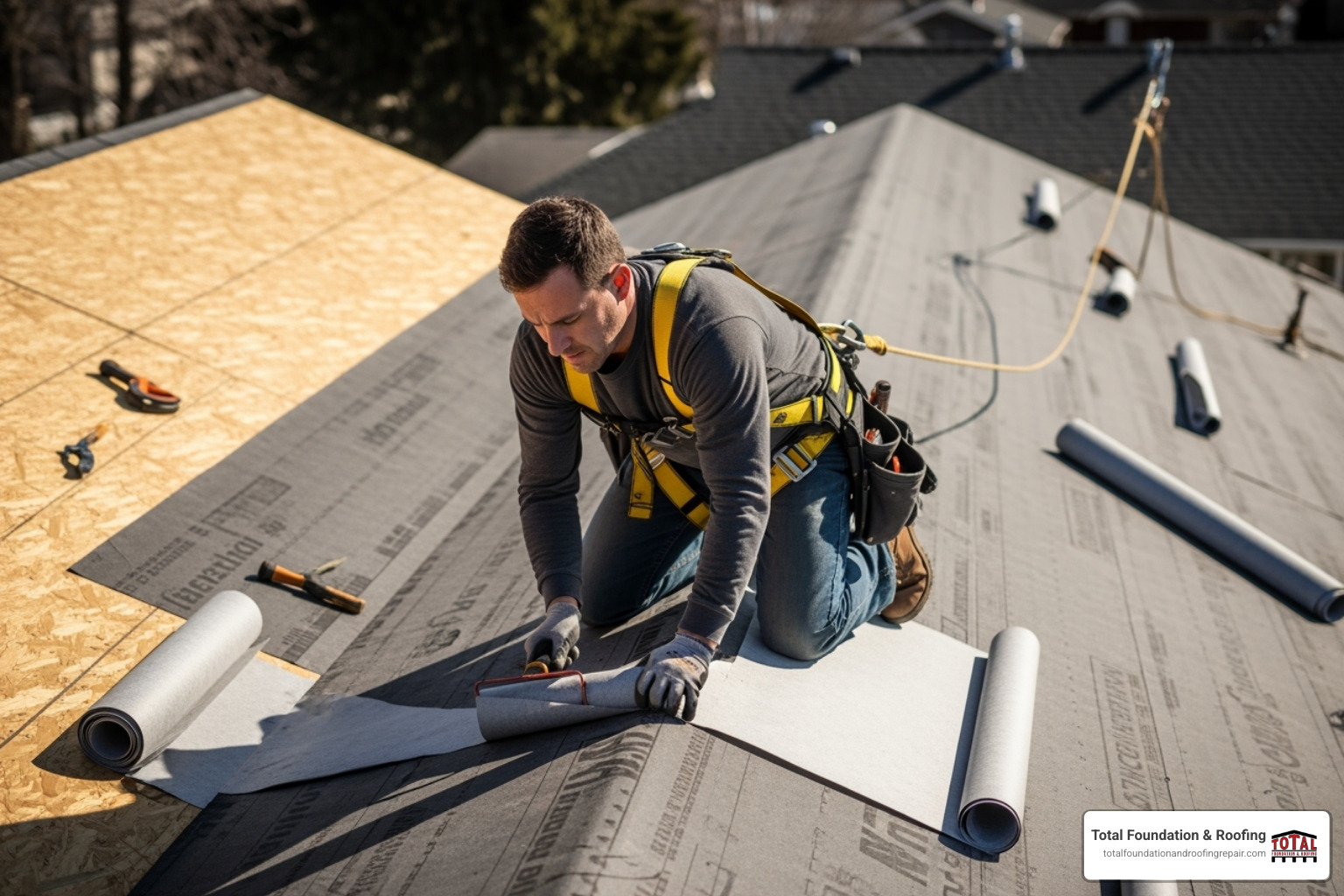 Proper installation of underlayment over a pitch break before the flashing is installed, showing an OSHA-compliant roofer - installing metal roof transition flashing