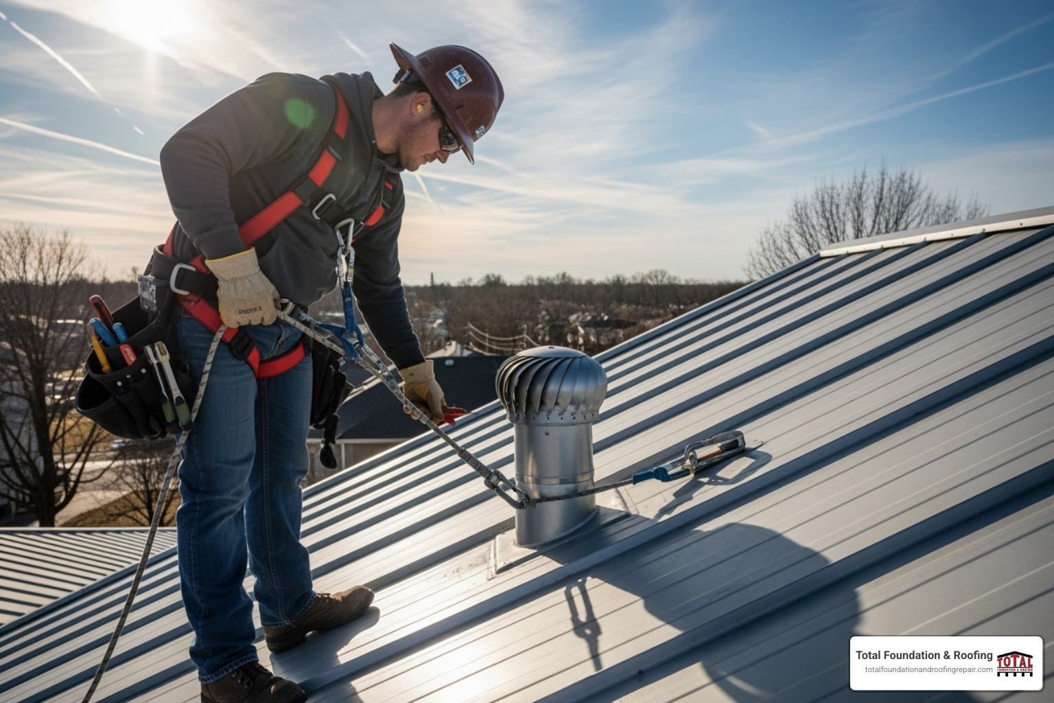 Roofer in safety harness performing a maintenance check on metal roof flashing - installing metal roof transition flashing