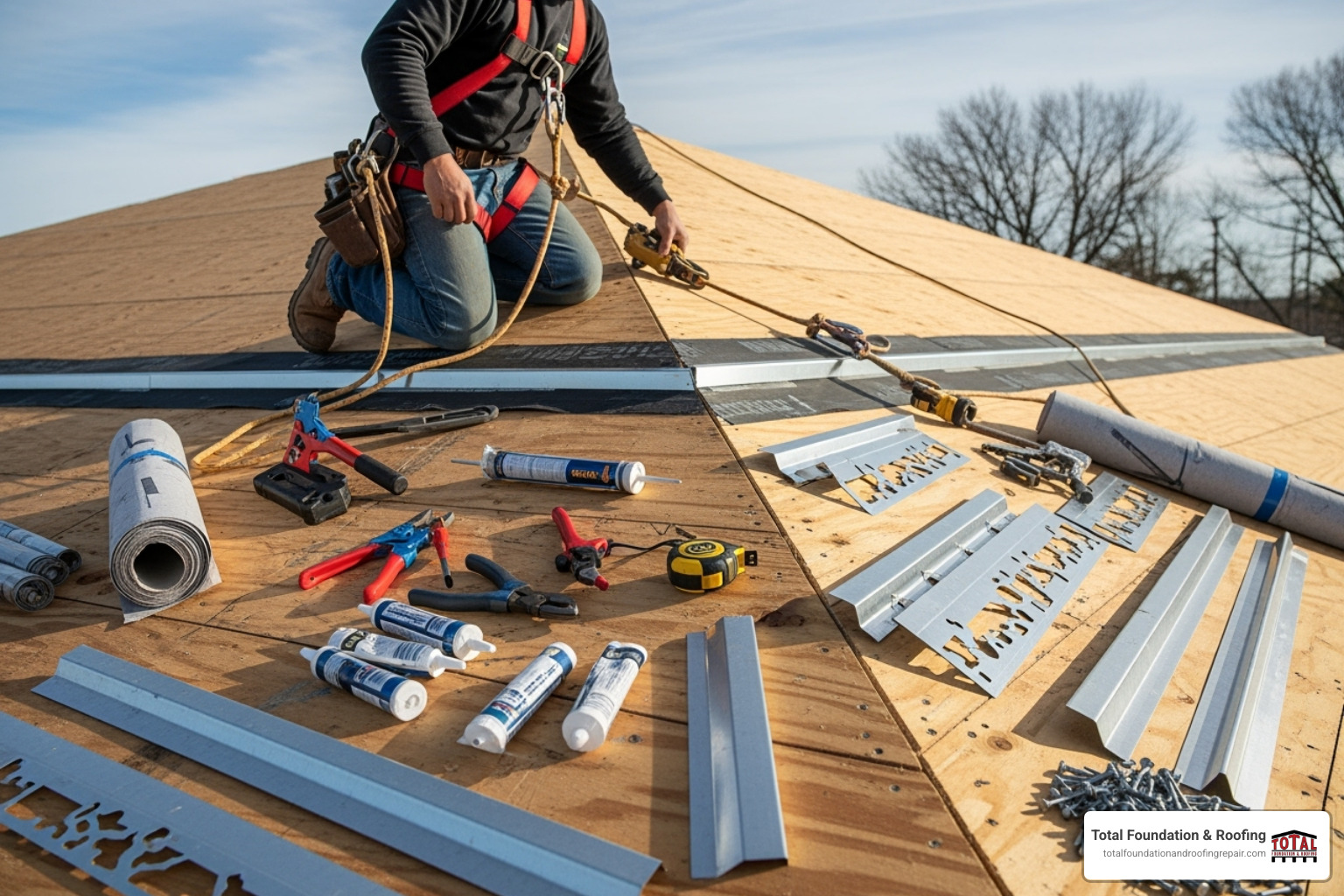 Roofer in safety harness laying out tools and materials on a roof deck before starting the flashing installation - installing metal roof transition flashing