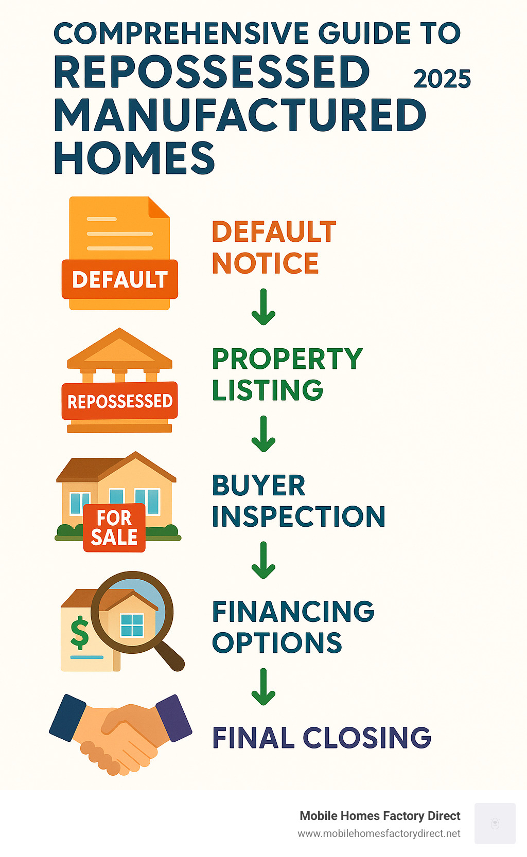 Comprehensive guide to repossessed manufactured homes showing the process from repossession to purchase, including steps like default notice, bank seizure, property listing, buyer inspection, financing options, and final closing - repossessed manufactured homes infographic 