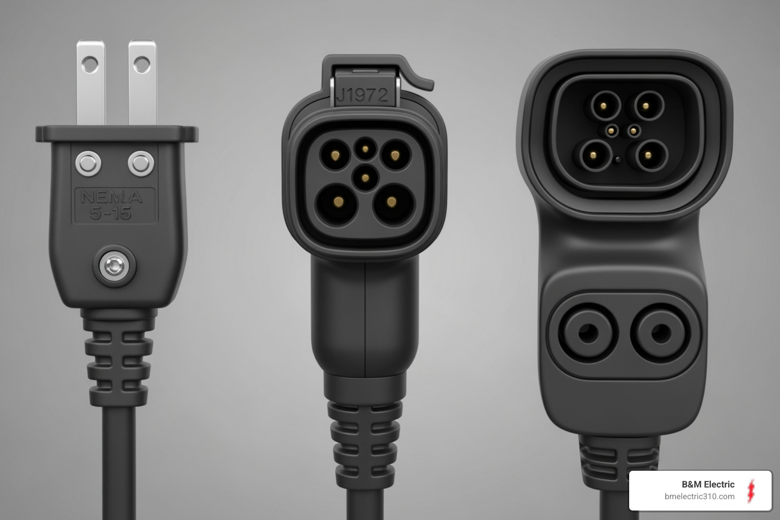 Three types of EV charger plugs: a standard wall outlet plug (Level 1), a larger 240V plug (Level 2), and a multi-pin DC fast charging plug (Level 3) - EV Charger Installation in Torrance