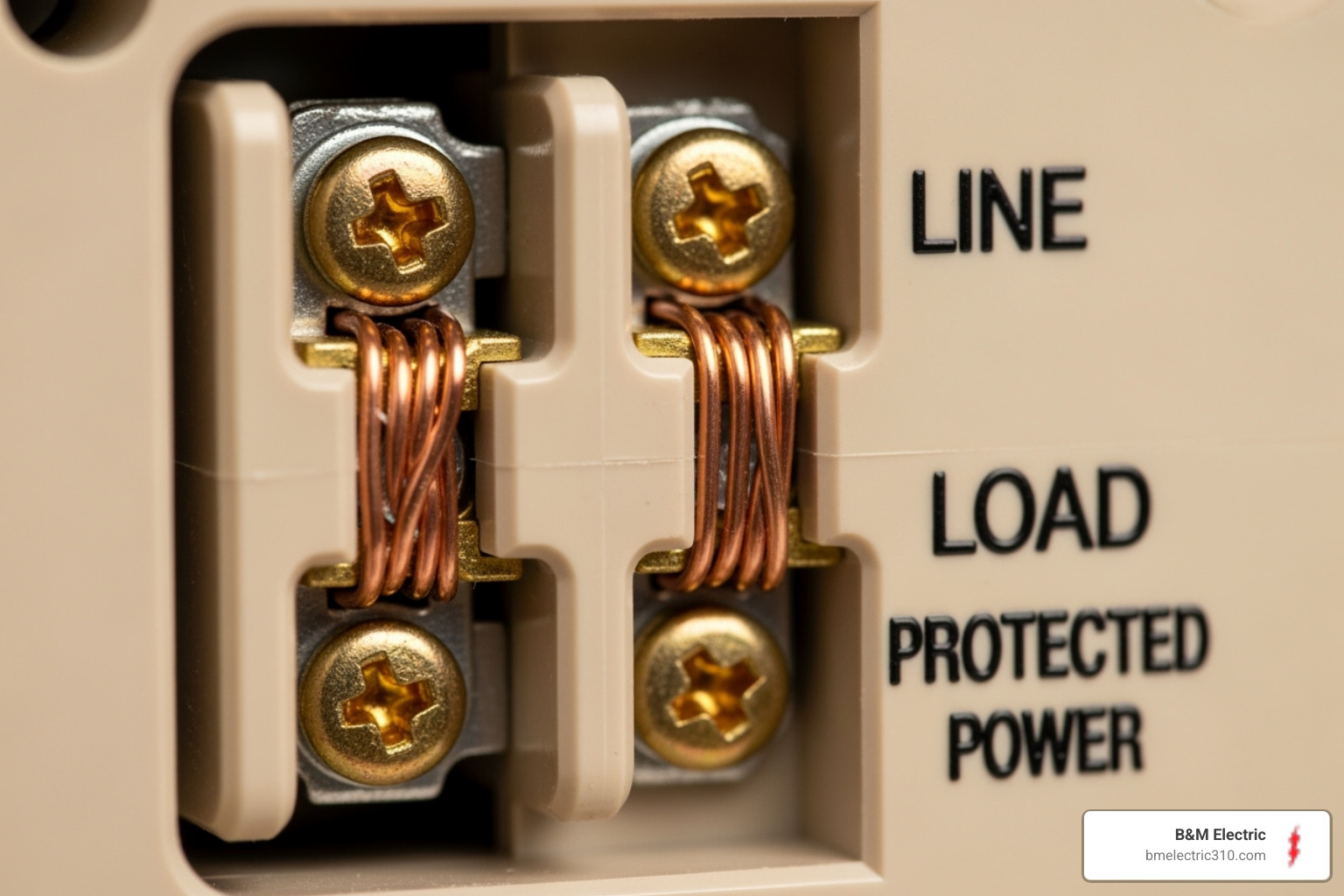 Close-up on the GFCI terminals, clearly labeled LINE and LOAD - GFCI outlet install