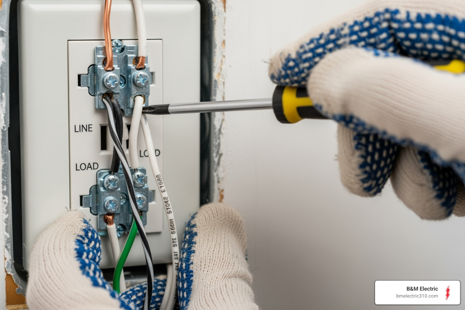 Hands safely wiring a GFCI outlet, showing the line and load terminals - GFCI outlet install
