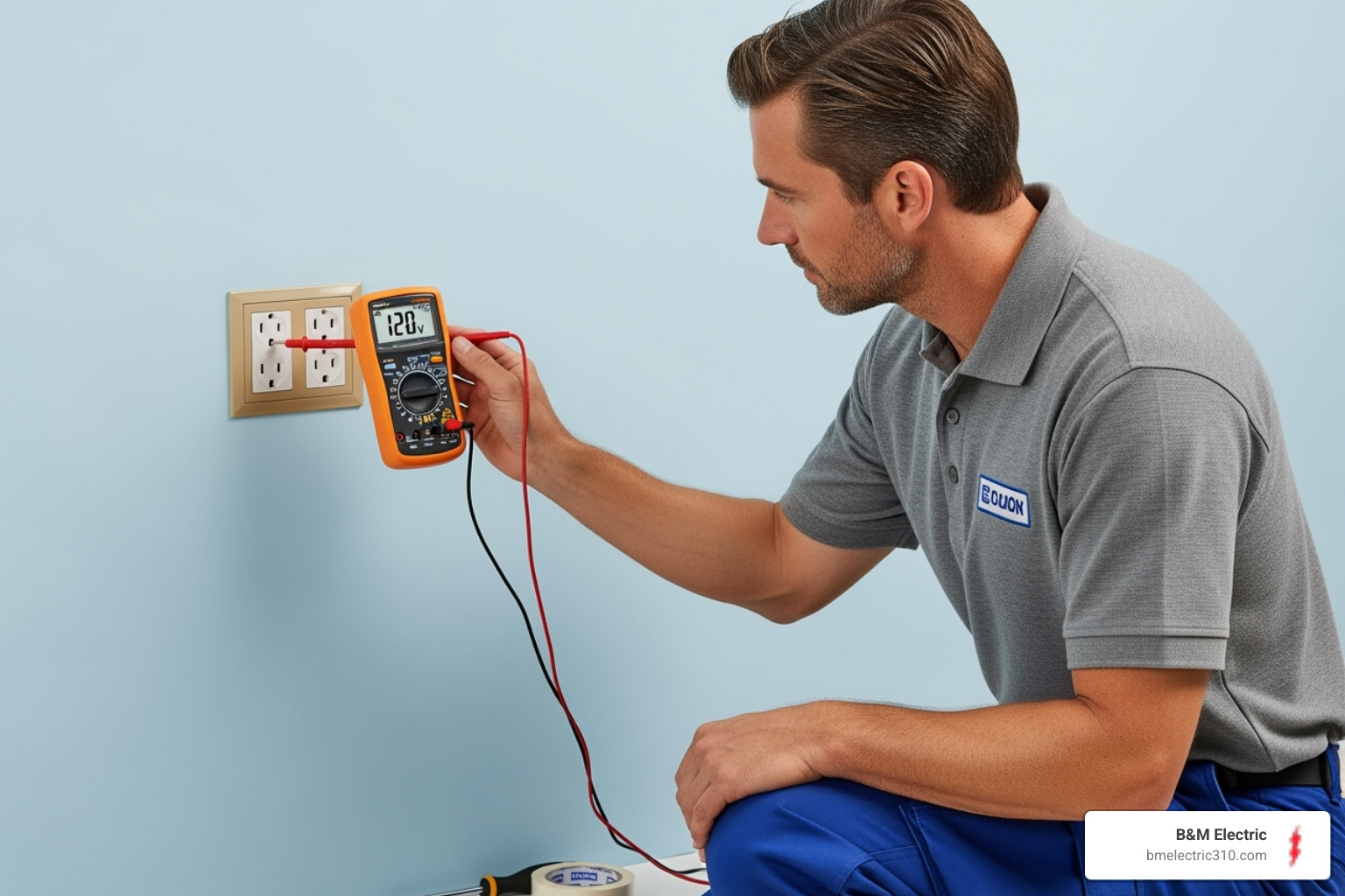 electrician using a multimeter to test an outlet - Electrical troubleshooting experts