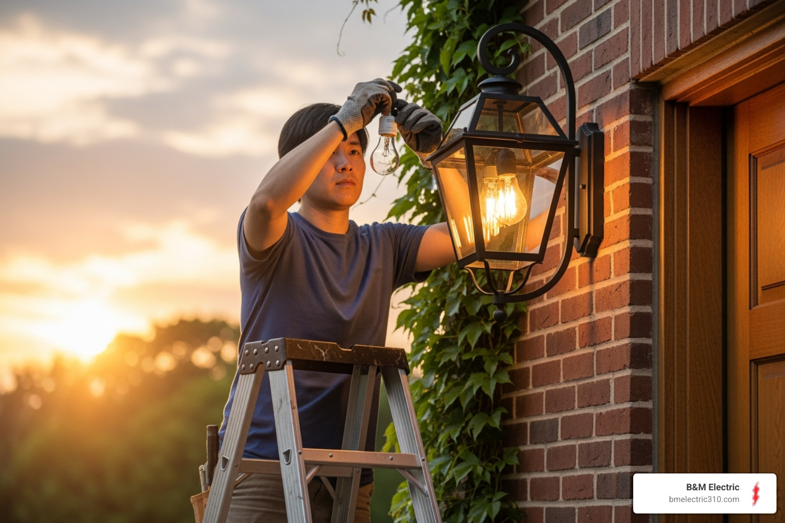 person safely replacing bulb in outdoor lantern fixture - Outdoor light troubleshooting