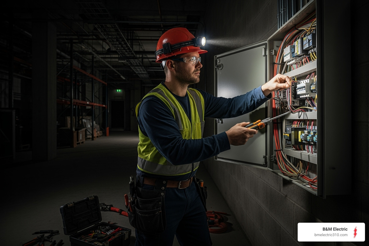 electrician working after hours with a headlamp in a commercial setting - Commercial Electrical Services Torrance electrician working after hours with a headlamp in a commercial setting - Commercial Electrical Services Torrance