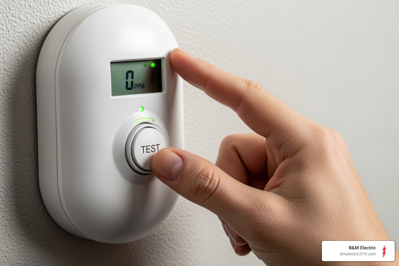Person pressing the test button on a CO detector - Carbon monoxide detector wiring