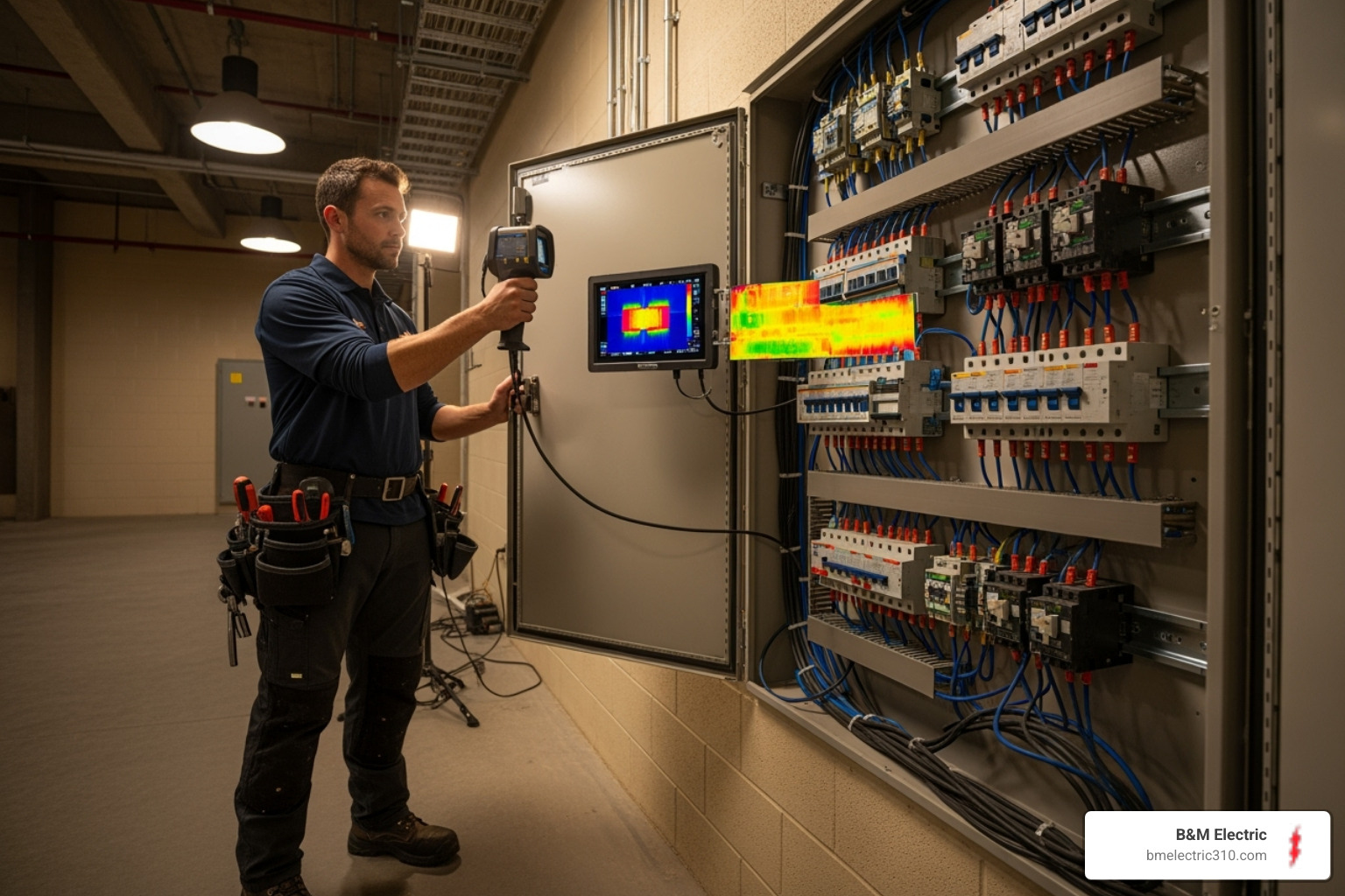 Electrician performing an infrared thermography scan on a panel - electrical solutions for businesses