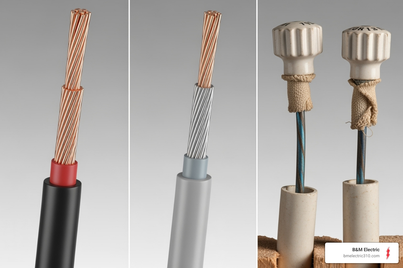 Side-by-side comparison of copper, aluminum, and knob-and-tube wiring - electrical wiring for homes Side-by-side comparison of copper, aluminum, and knob-and-tube wiring - electrical wiring for homes