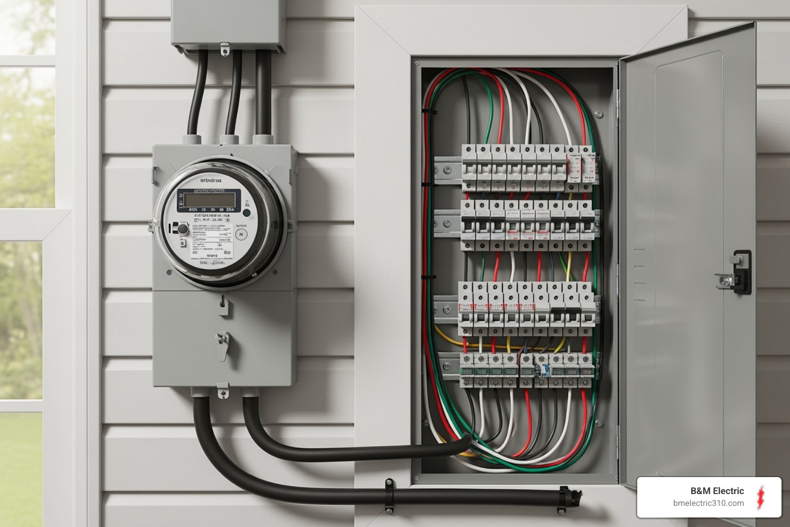 Key components of a home electrical system, including the service head, meter, main panel, and circuits - electrical wiring for homes Key components of a home electrical system, including the service head, meter, main panel, and circuits - electrical wiring for homes